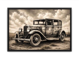 Vintage rustic classic car wall art canvas with moody countryside landscape and retro automotive charm