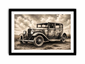 Vintage rustic classic car wall art canvas with moody countryside landscape and retro automotive charm