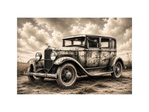 Vintage rustic classic car wall art canvas with moody countryside landscape and retro automotive charm