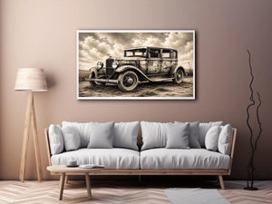 Vintage rustic classic car wall art canvas with moody countryside landscape and retro automotive charm