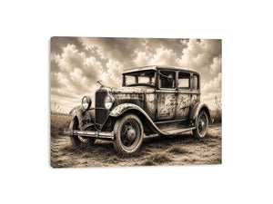 Vintage rustic classic car wall art canvas with moody countryside landscape and retro automotive charm