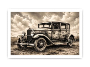 Vintage rustic classic car wall art canvas with moody countryside landscape and retro automotive charm