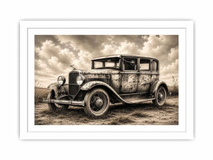 Vintage rustic classic car wall art canvas with moody countryside landscape and retro automotive charm