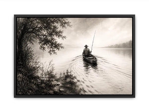 Minimalist fishing boat wall art with lone fisherman on calm lake in monochrome landscape style