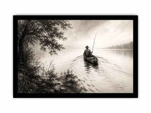 Minimalist fishing boat wall art with lone fisherman on calm lake in monochrome landscape style