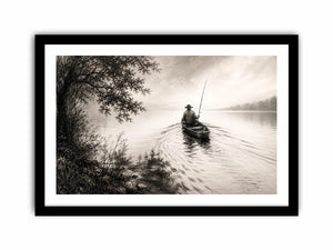 Minimalist fishing boat wall art with lone fisherman on calm lake in monochrome landscape style