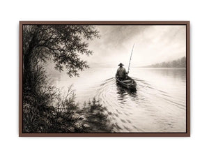 Minimalist fishing boat wall art with lone fisherman on calm lake in monochrome landscape style