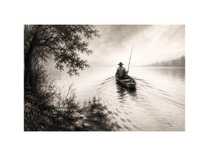 Minimalist fishing boat wall art with lone fisherman on calm lake in monochrome landscape style