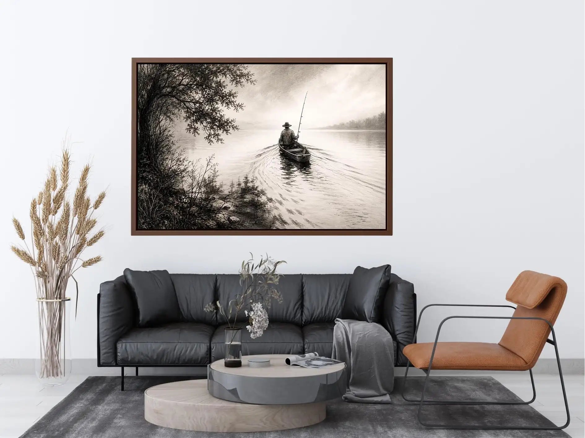 Minimalist fishing boat wall art with lone fisherman on calm lake in monochrome landscape style