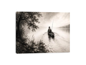 Minimalist fishing boat wall art with lone fisherman on calm lake in monochrome landscape style