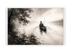 Minimalist fishing boat wall art with lone fisherman on calm lake in monochrome landscape style