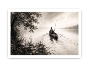 Minimalist fishing boat wall art with lone fisherman on calm lake in monochrome landscape style