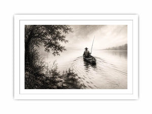 Minimalist fishing boat wall art with lone fisherman on calm lake in monochrome landscape style