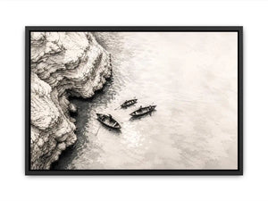 Minimalist coastal boat wall art with small rowboats beside rocky shoreline in monochrome sketch style