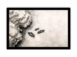 Minimalist coastal boat wall art with small rowboats beside rocky shoreline in monochrome sketch style