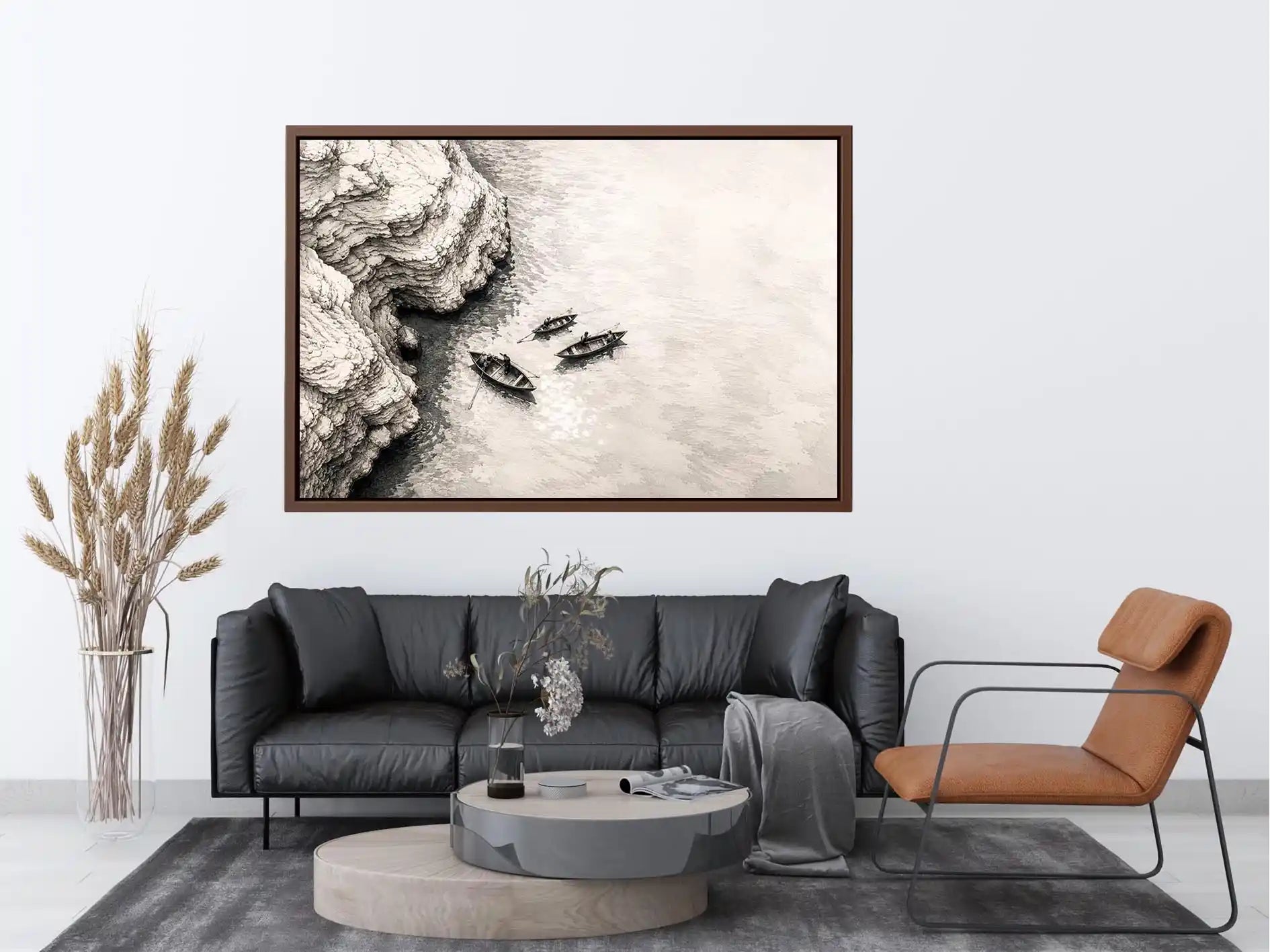Minimalist coastal boat wall art with small rowboats beside rocky shoreline in monochrome sketch style