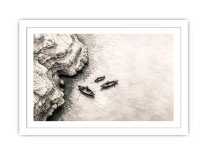 Minimalist coastal boat wall art with small rowboats beside rocky shoreline in monochrome sketch style