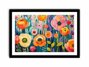 Colorful abstract floral wall art with vibrant modern botanical flowers and layered painterly textures