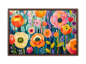 Colorful abstract floral wall art with vibrant modern botanical flowers and layered painterly textures