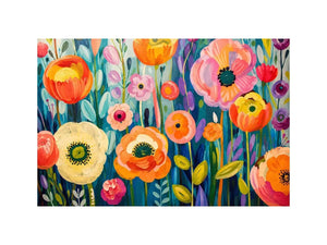 Colorful abstract floral wall art with vibrant modern botanical flowers and layered painterly textures