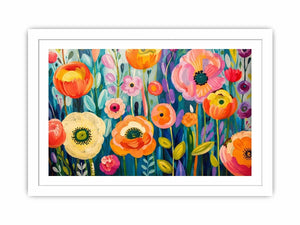 Colorful abstract floral wall art with vibrant modern botanical flowers and layered painterly textures