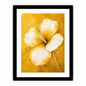 Minimalist white hibiscus flower wall art on golden yellow textured background with elegant botanical modern design