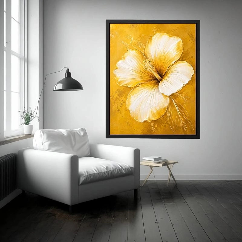 Minimalist white hibiscus flower wall art on golden yellow textured background with elegant botanical modern design