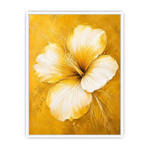 Minimalist white hibiscus flower wall art on golden yellow textured background with elegant botanical modern design