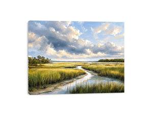 Serene coastal marsh landscape wall art with dramatic cloudy sky and winding waterway in soft neutral green tones
