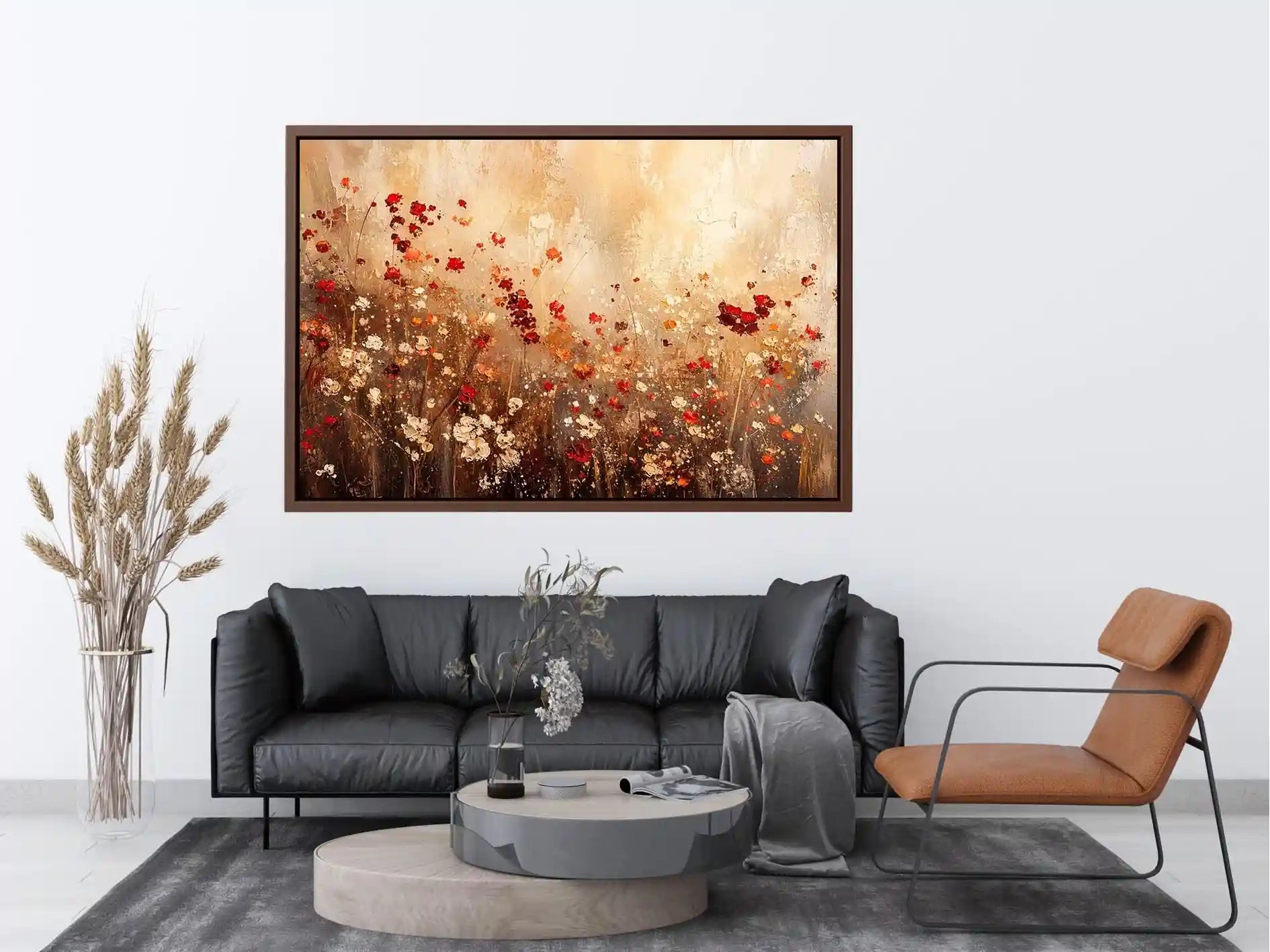 Abstract wildflower meadow canvas wall art with earthy floral textures and soft neutral luxury tones for modern interiors