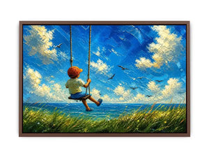 Dreamy painting of a boy sitting on a swing overlooking the ocean with birds and a bright sky