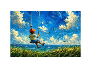 Dreamy painting of a boy sitting on a swing overlooking the ocean with birds and a bright sky