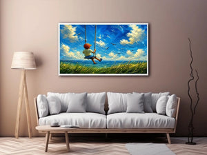 Dreamy painting of a boy sitting on a swing overlooking the ocean with birds and a bright sky