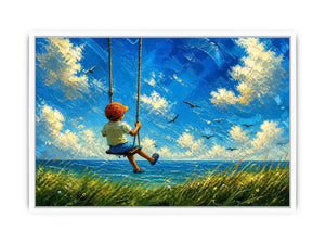 Dreamy painting of a boy sitting on a swing overlooking the ocean with birds and a bright sky