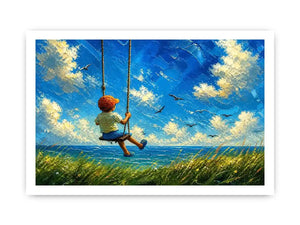 Dreamy painting of a boy sitting on a swing overlooking the ocean with birds and a bright sky