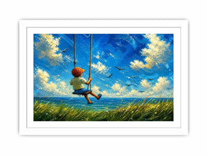 Dreamy painting of a boy sitting on a swing overlooking the ocean with birds and a bright sky