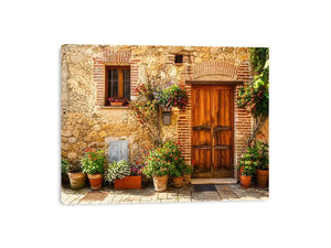 Rustic Mediterranean cottage wall art with wooden doors colorful flowers and vintage stone textures for farmhouse decor