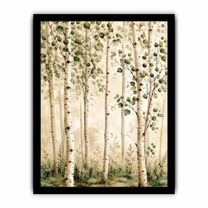 Soft watercolor birch forest wall art with sage green leaves and minimalist Scandinavian nature aesthetic for modern interiors