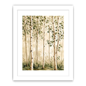 Soft watercolor birch forest wall art with sage green leaves and minimalist Scandinavian nature aesthetic for modern interiors