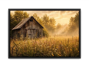 Rustic vintage barn wall art with wildflower meadow and soft misty farmhouse landscape aesthetic for cozy interiors