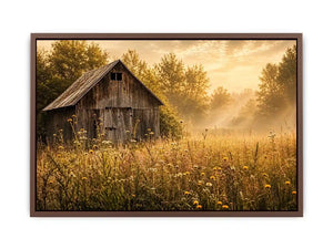 Rustic vintage barn wall art with wildflower meadow and soft misty farmhouse landscape aesthetic for cozy interiors