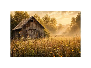 Rustic vintage barn wall art with wildflower meadow and soft misty farmhouse landscape aesthetic for cozy interiors