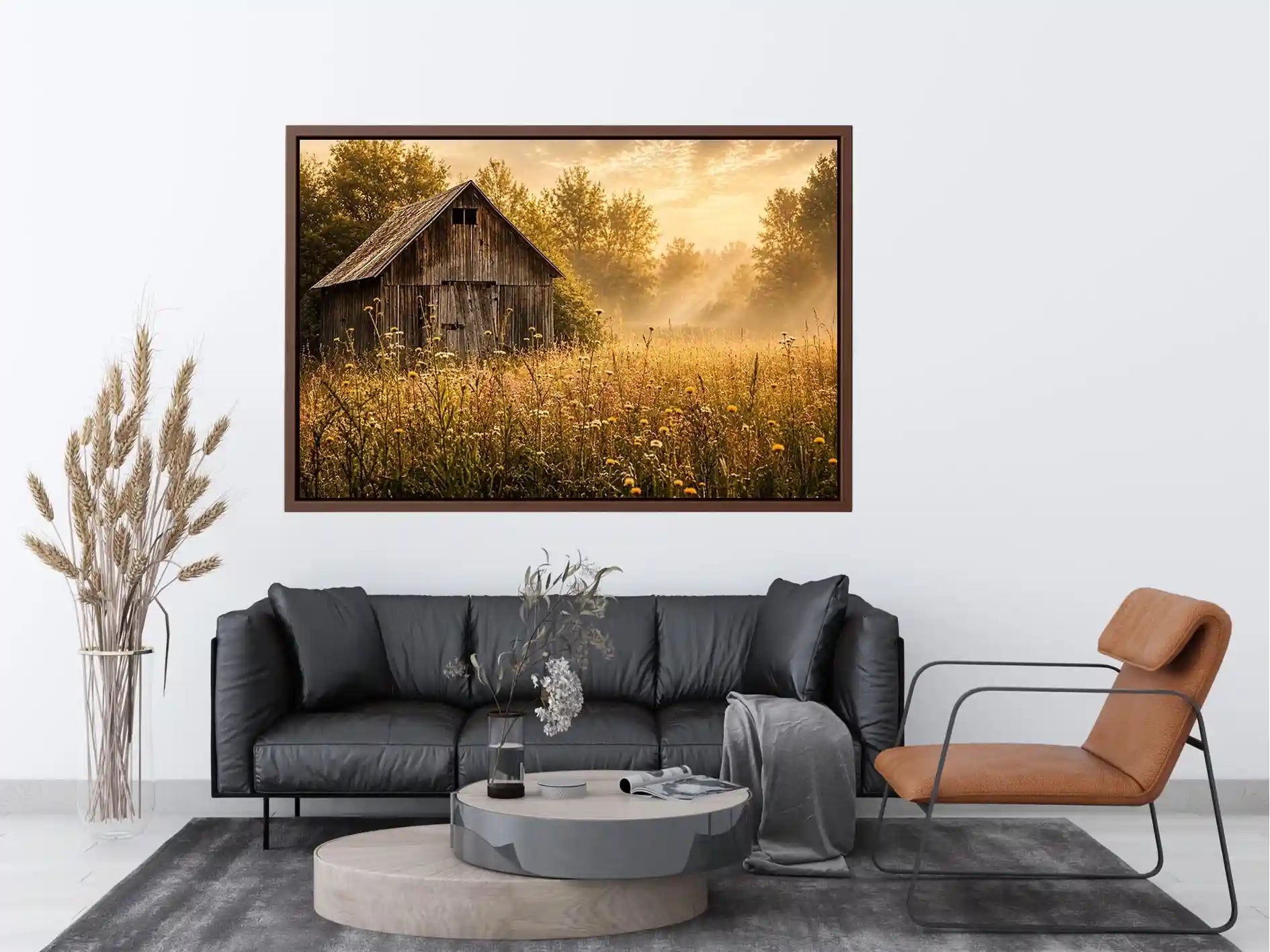 Rustic vintage barn wall art with wildflower meadow and soft misty farmhouse landscape aesthetic for cozy interiors
