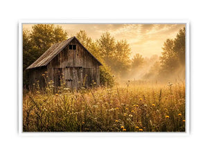 Rustic vintage barn wall art with wildflower meadow and soft misty farmhouse landscape aesthetic for cozy interiors
