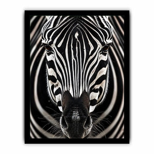 Black and white zebra portrait wall art with bold striped wildlife photography and modern safari aesthetic
