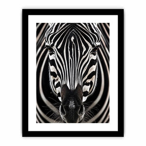 Black and white zebra portrait wall art with bold striped wildlife photography and modern safari aesthetic