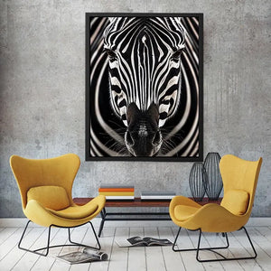 Black and white zebra portrait wall art with bold striped wildlife photography and modern safari aesthetic