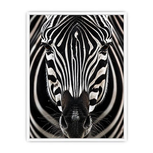 Black and white zebra portrait wall art with bold striped wildlife photography and modern safari aesthetic