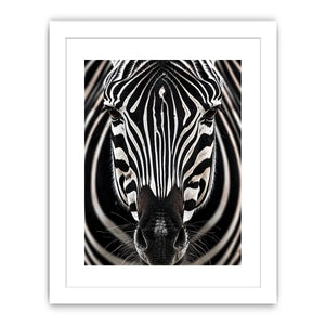 Black and white zebra portrait wall art with bold striped wildlife photography and modern safari aesthetic