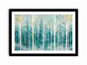 Minimalist teal forest wall art with white winter trees and soft misty Scandinavian nature aesthetic for modern decor